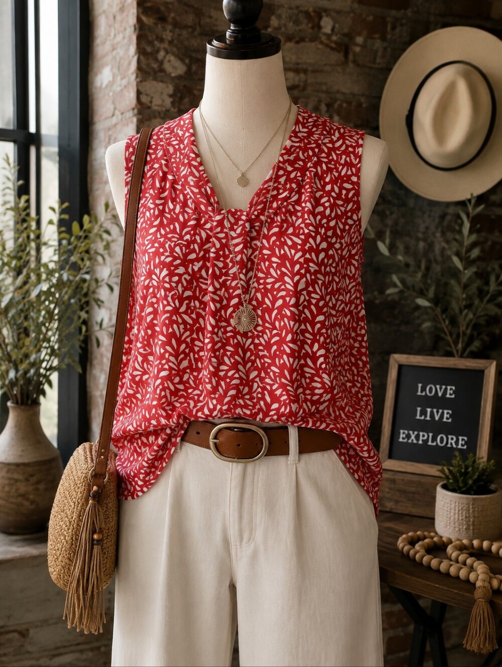 Dana Buchman Red & Cream Print Sleeveless Tie Neck Blouse Size L